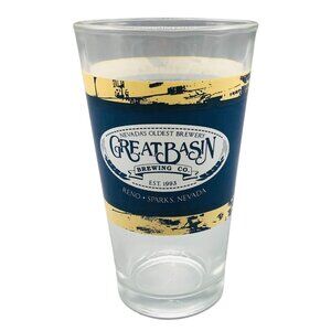 Great Basin Brewing co. blue and yellow design, solid glass cup, blue white READ
